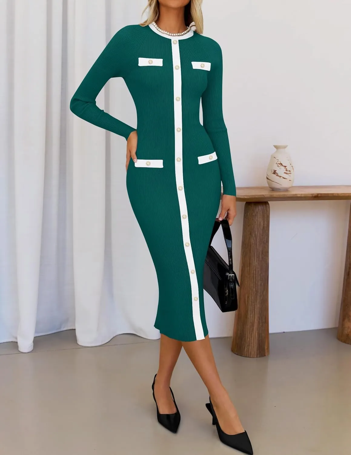 ZESICA Women's Ribbed Crewneck Sweater Dress 2024 Fall Winter Long Sleeve Button Color Block Knit Midi Dresses
