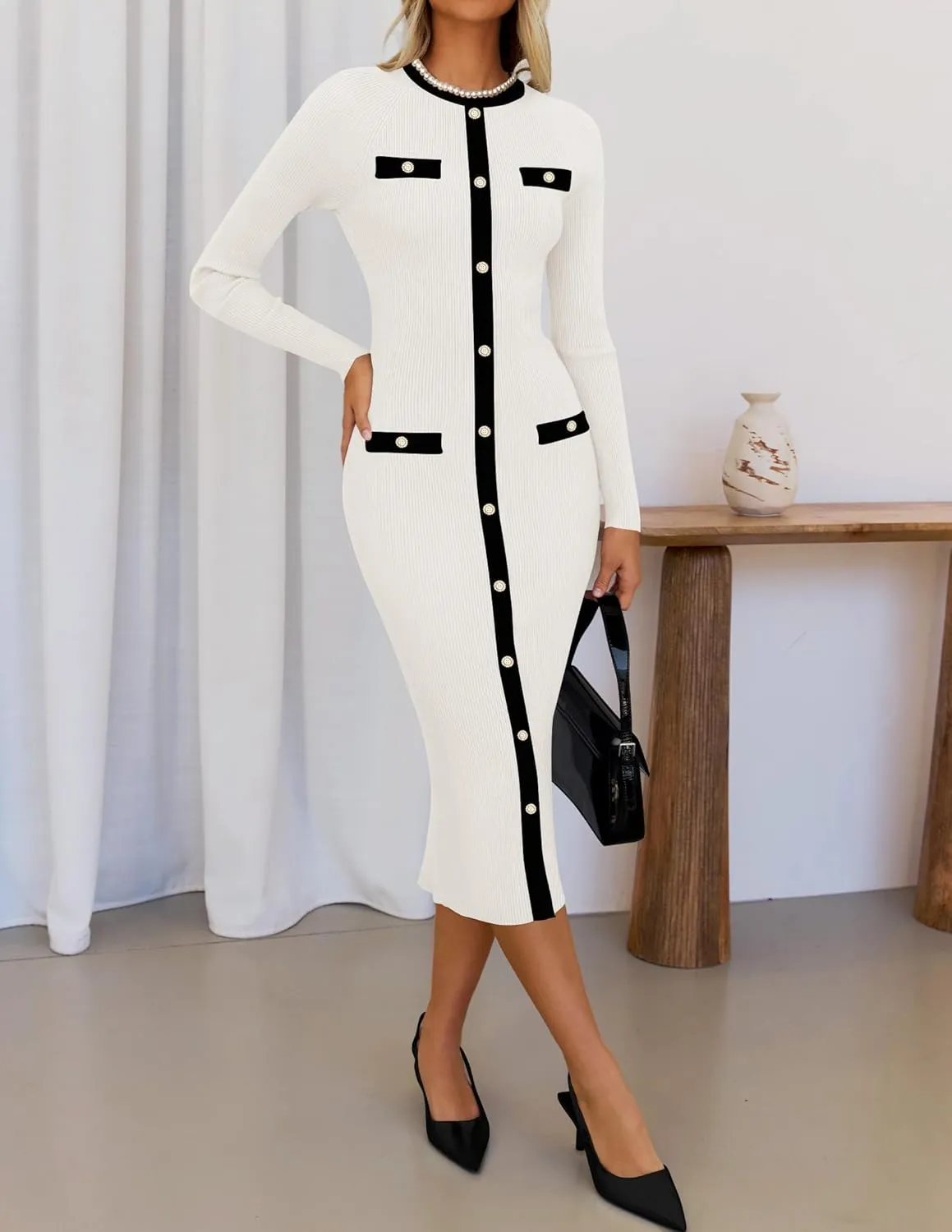 ZESICA Women's Ribbed Crewneck Sweater Dress 2024 Fall Winter Long Sleeve Button Color Block Knit Midi Dresses