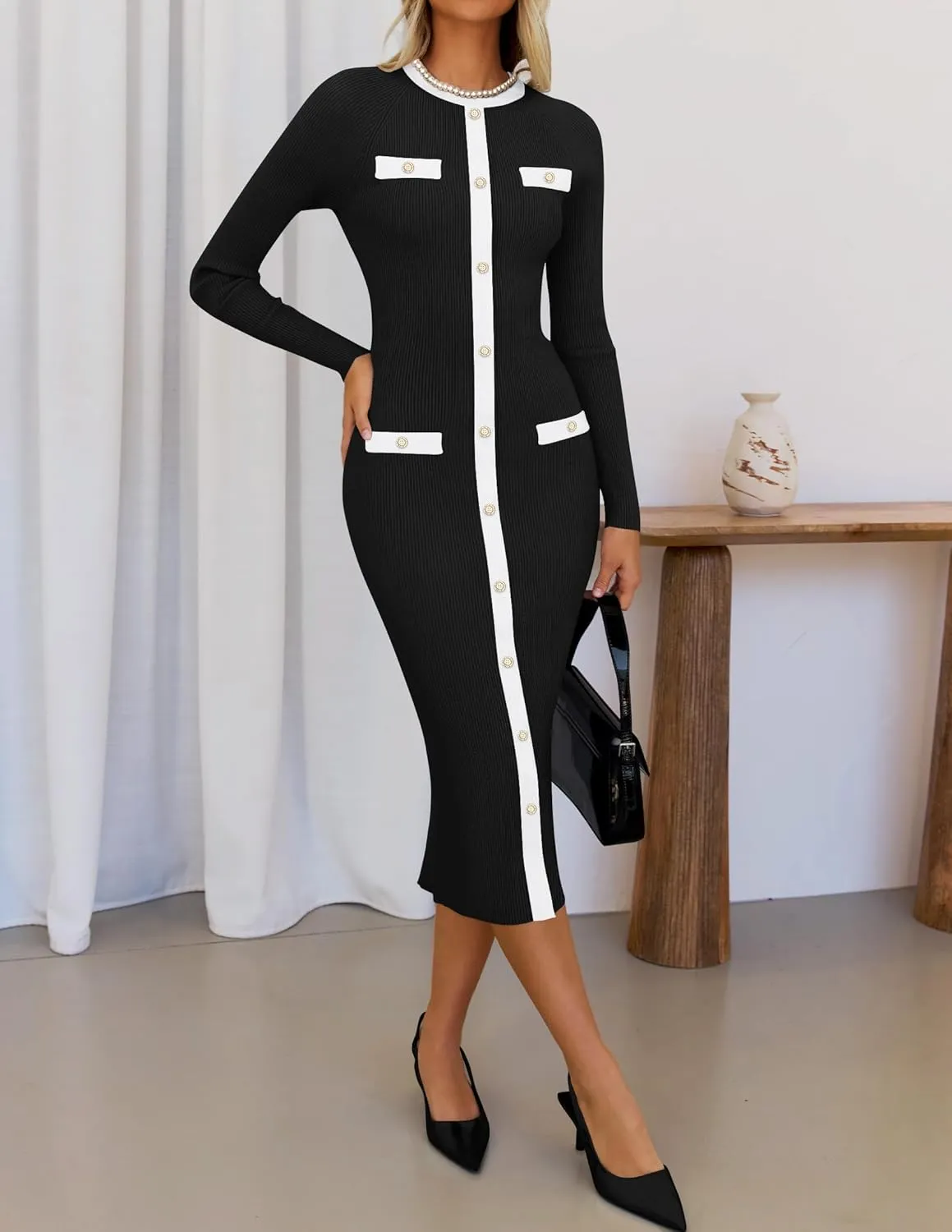 ZESICA Women's Ribbed Crewneck Sweater Dress 2024 Fall Winter Long Sleeve Button Color Block Knit Midi Dresses